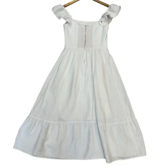 NWT Reformation Lucila Linen Dress Ruffle Trimmed Midi in White Size 8